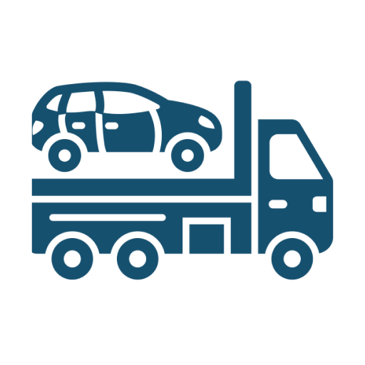 Blue flatbed tow truck carrying car icon