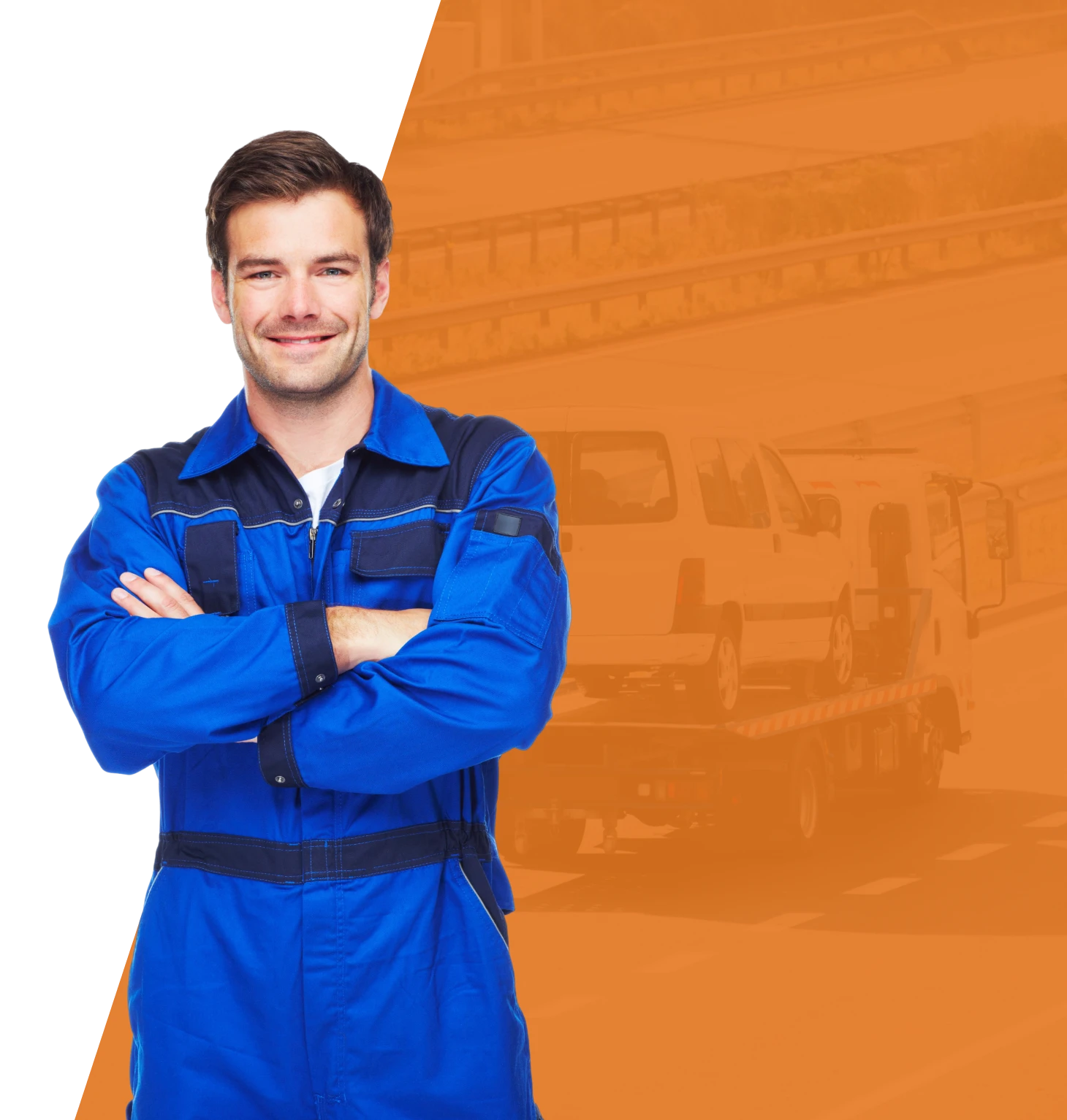 Mechanic in blue uniform, arms crossed.